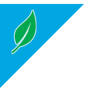 A blue and green logo with a leaf on it.