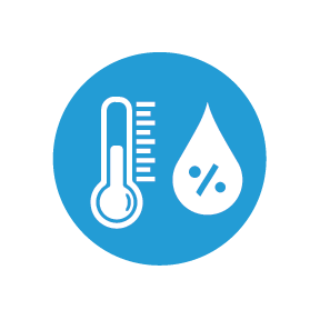 A blue icon displaying a thermometer and water droplet, representing air quality.