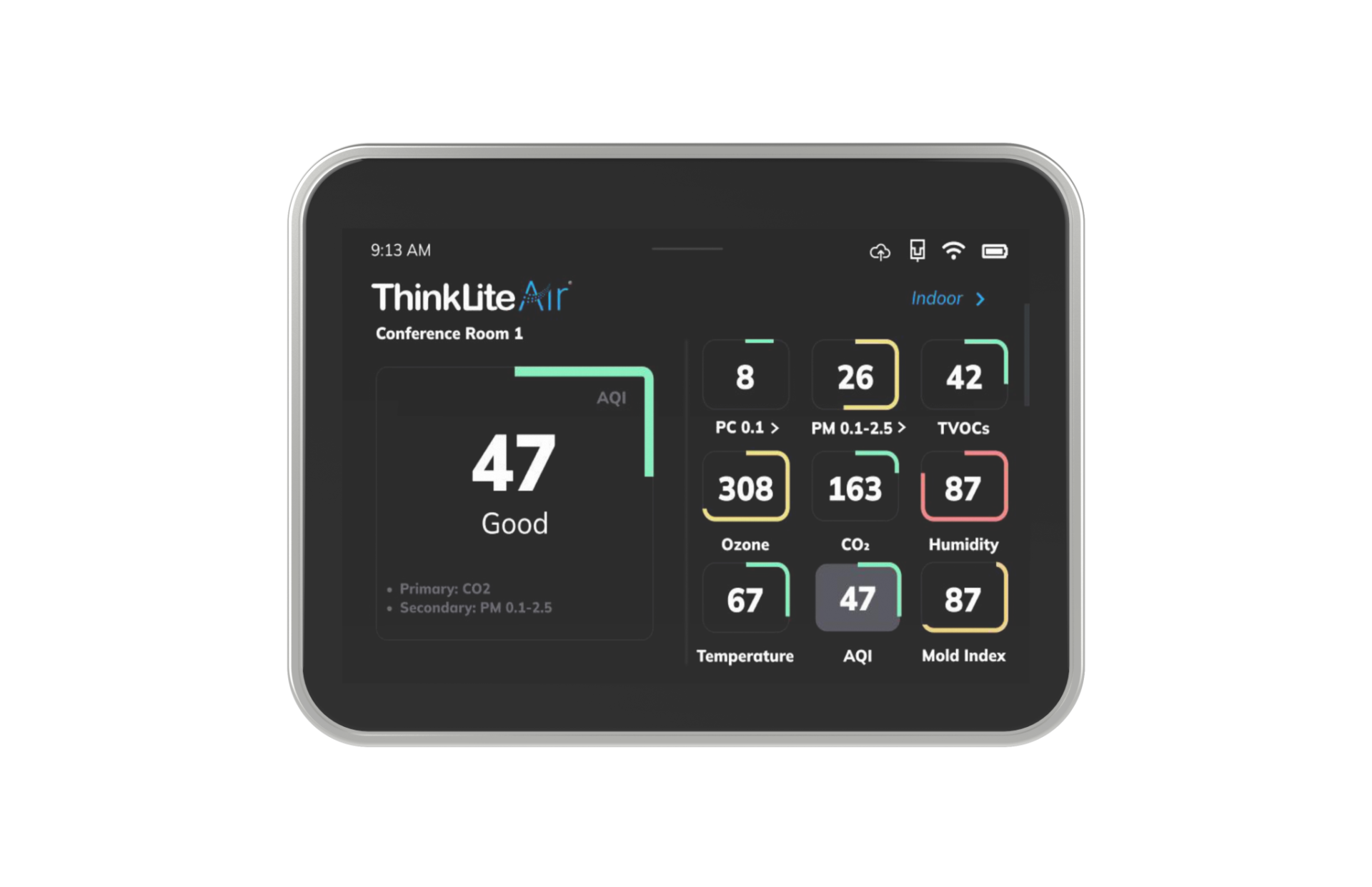 A smart device with a clock that also monitors air quality.