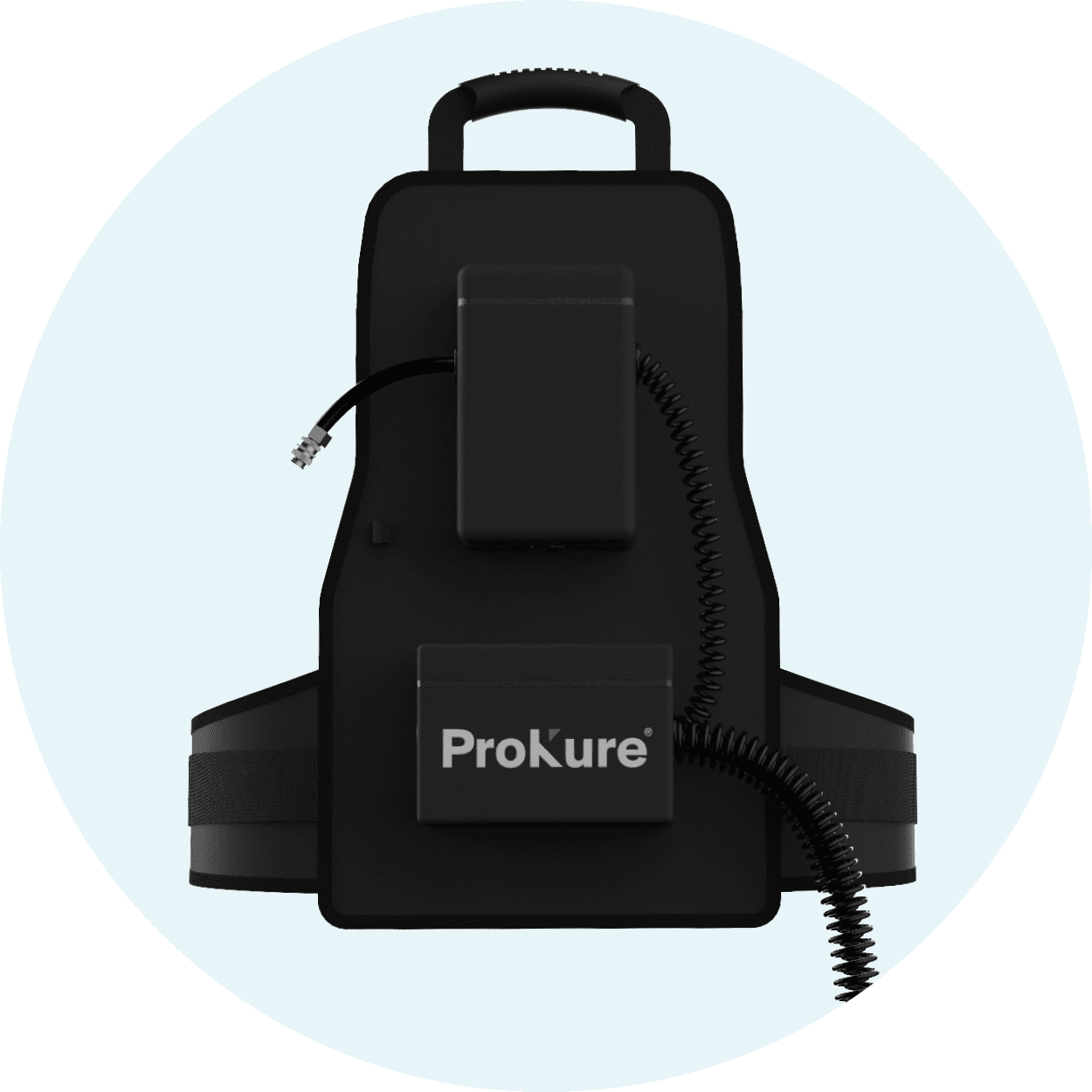 A black backpack with the word prokure on it.