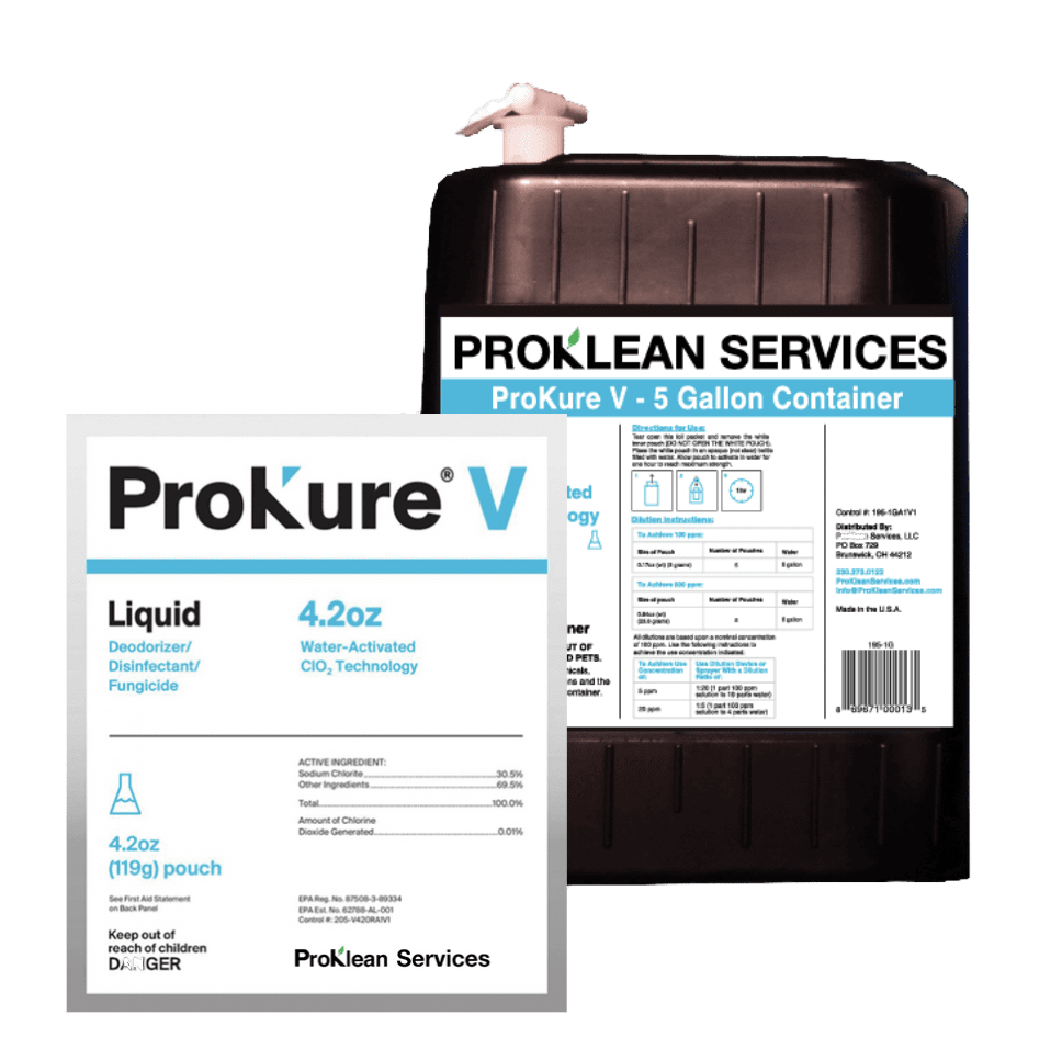 A bottle of Prolean V and a bottle of water, offering odor control benefits.