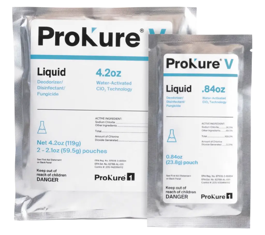 Two packets of Prokure V liquid from Proklean Industries.