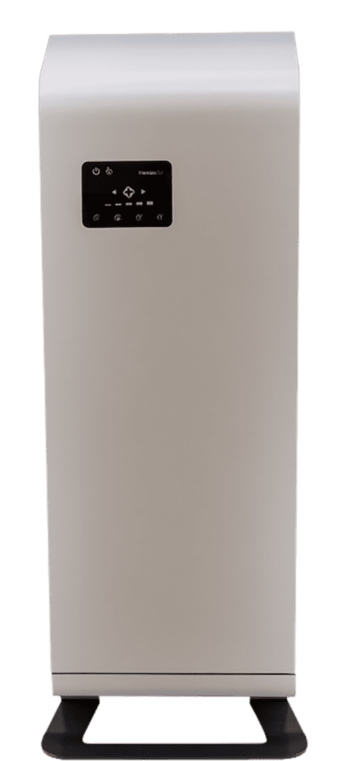 A white air purifier, ensuring clean air quality, against a white background.