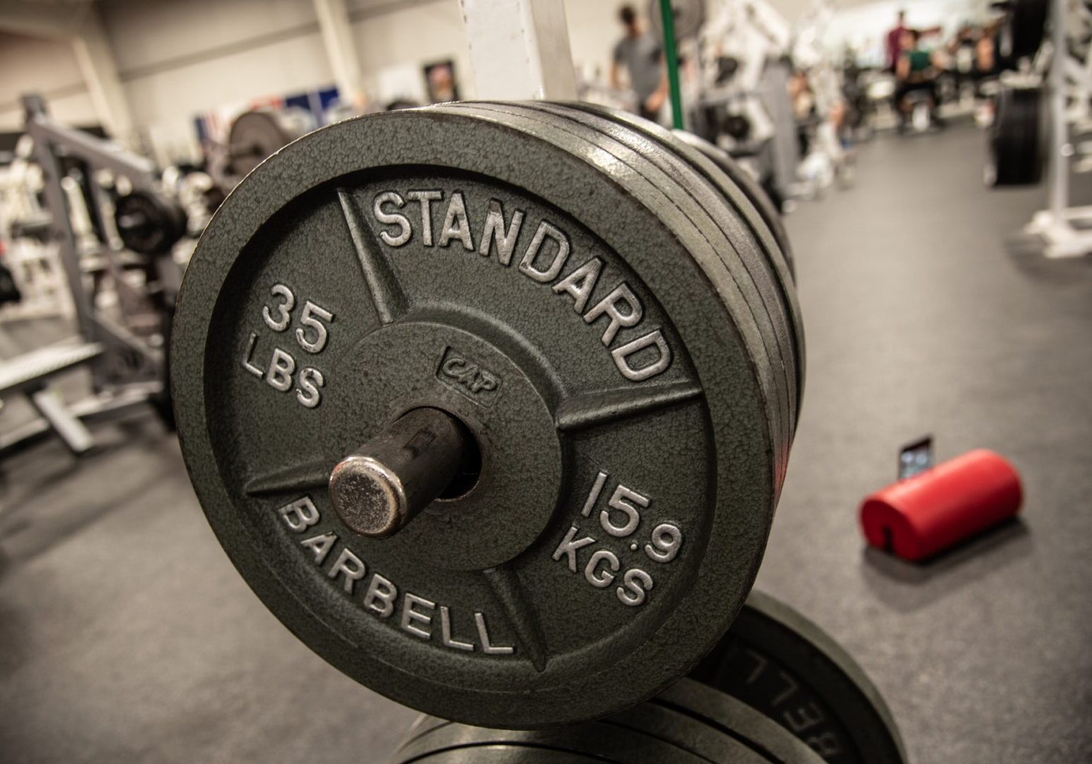 In a gym, a barbell rests on a bench.